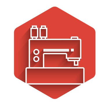 Uzun gölgeli beyaz çizgi dikiş makinesi simgesi. Kırmızı altıgen düğmesi. Vektör İllüstrasyonu