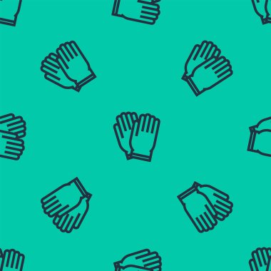 Mavi çizgili bahçe eldiveni ikonu yeşil arka planda izole edilmiş pürüzsüz desen. Lastik eldivenlerin işareti. Çiftçilik el koruması, eldiven güvenliği. Vektör İllüstrasyonu