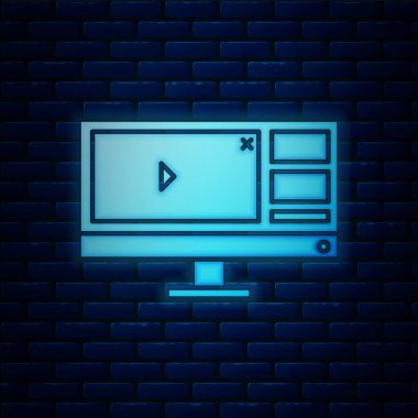 Parlayan neon video kaydedici ya da bilgisayar monitörü ikonundaki düzenleyici yazılım tuğla duvar arka planında izole edildi. Vektör İllüstrasyonu