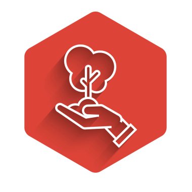 Çevre koruma ikonunun elindeki beyaz çizgi ağacı uzun gölgeli izole edilmiş. Tohum ve tohum. Fidan dikiyorum. Ekoloji konsepti. Kırmızı altıgen düğmesi. Vektör İllüstrasyonu