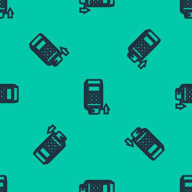 Mavi hat Pos terminali, eklenmiş kredi kartı simgesi, yeşil arkaplanda izole edilmiş, pürüzsüz desen. Ödeme terminali işlemi. Kartla öde. Vektör İllüstrasyonu