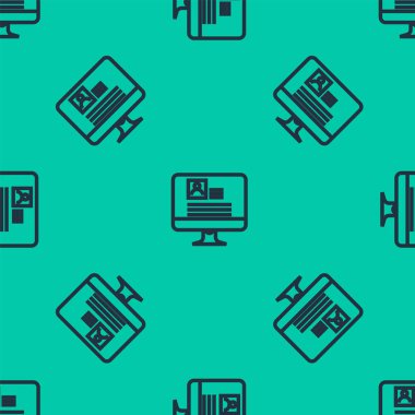Mavi çizgi bilgisayar monitörü yeşil arkaplanda ikon izole edilmiş kusursuz desen. Özgeçmiş başvurusu. Profesyonel personel aranıyor. Personel analizi devam ediyor. Vektör İllüstrasyonu