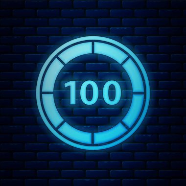 Parlayan neon kumarhane çipleri simgesi tuğla duvar arkasında izole edilmiş. Kumarhane kumarı. Vektör İllüstrasyonu