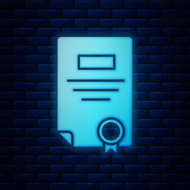 Parlayan neon sertifika şablon ikonu tuğla duvar arka planında izole edildi. Başarı, ödül, diploma, burs, diploma. İş başarısı sertifikası Vektör İllüstrasyonu