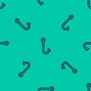 Mavi çizgili olta kancası ikonu yeşil zeminde izole edilmiş pürüzsüz desen. Balık oltası. Vektör İllüstrasyonu