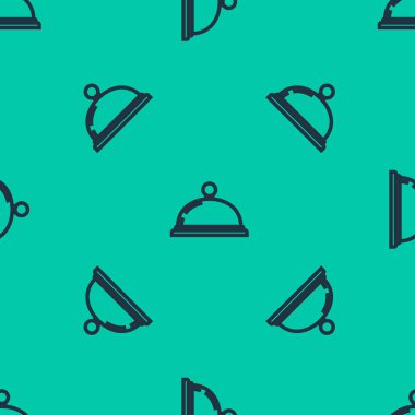 Mavi çizgi, yeşil arka planda izole edilmiş yemek ikonu tepsisiyle kaplı. Tepsi ve kapak işareti. Kapaklı bir restoran saati. Mutfak eşyaları sembolü. Vektör İllüstrasyonu