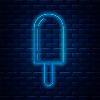 Parlayan neon hattı dondurma ikonu tuğla duvar arkasında izole edilmiş. Güzel sembol. Vektör İllüstrasyonu