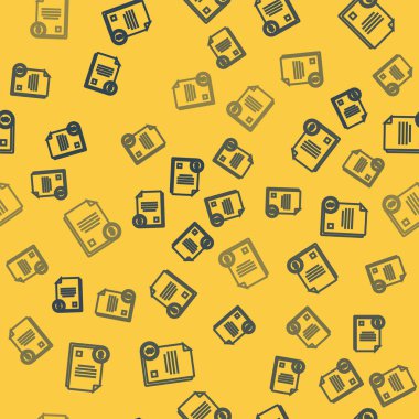 Mavi çizgi finans belgesi simgesi sarı arkaplanda kusursuz desen izole etti. Fatura ya da fatura konsepti için dolar sikkesi olan kağıt banka belgesi. Vektör İllüstrasyonu