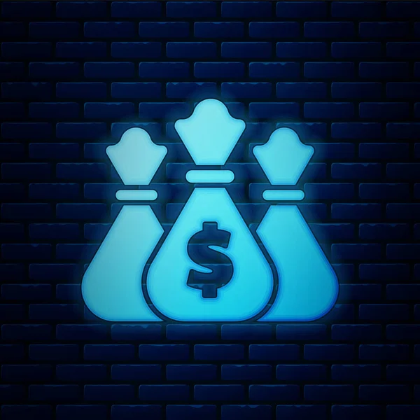 Icona luminosa al neon Money bag isolata su sfondo muro di mattoni. Dollaro o simbolo USD. Bancomat Banking segno di valuta. Illustrazione vettoriale — Vettoriale Stock