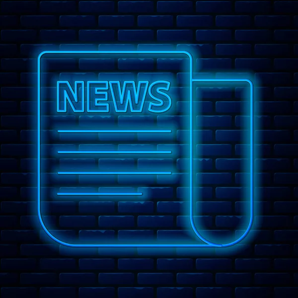 Glowing neon line News icon isolated on brick wall background. Newspaper sign. Mass media symbol. Vector Illustration — Stock Vector