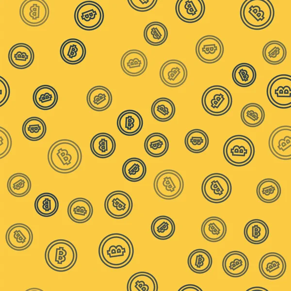 Blaue Linie Kryptowährung Coin Bitcoin Symbol isoliert nahtlose Muster auf gelbem Hintergrund. physische Bitcoin. Blockchain-basierte sichere Kryptowährung. Vektorillustration — Stockvektor