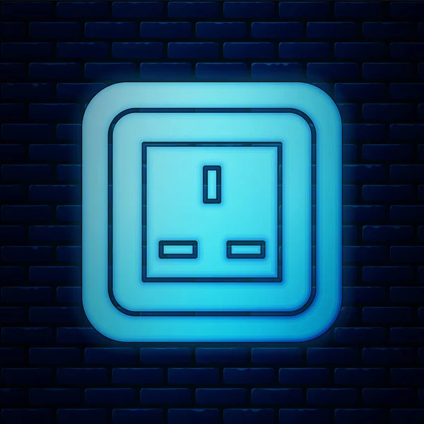 Icono de salida eléctrica de neón brillante aislado en el fondo de la pared de ladrillo. Toma de corriente. Símbolo de Roseta. Ilustración vectorial — Archivo Imágenes Vectoriales