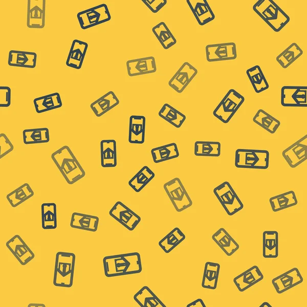 Blauwe lijn Mobiele telefoon met huis temperatuur icoon geïsoleerd naadloos patroon op gele achtergrond. Thermometer icoon. Vector Illustratie — Stockvector
