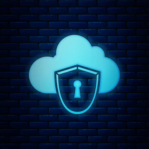 Zářící neon mrak a štít ikona izolované na pozadí cihlové zdi. Ochrana dat cloudového úložiště. Zabezpečení, bezpečnost, ochrana, ochrana soukromí. Vektorová ilustrace — Stockový vektor
