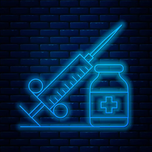 Glowing neon line Medical syringe with needle and vial or ampoule icon isolated on brick wall background. Vaccination, injection, vaccine, insulin concept. Vector Illustration — 图库矢量图片
