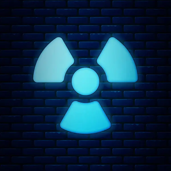 Leuchtendes Neon Radioaktives Symbol isoliert auf Backsteinwand Hintergrund. Radioaktives toxisches Symbol. Strahlengefahr. Vektorillustration — Stockvektor