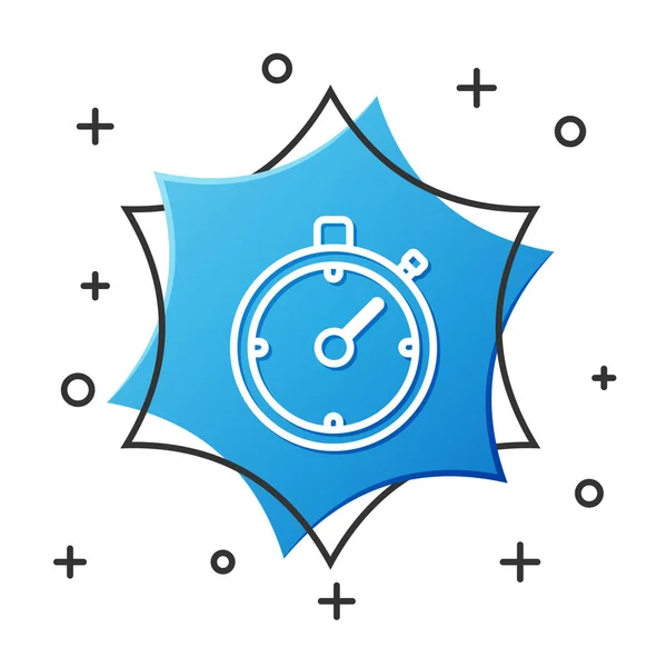 Witte lijn Stopwatch pictogram geïsoleerd op witte achtergrond. Tijdklok teken. Chronometerteken. Blauwe zeshoek knop. Vector Illustratie — Stockvector