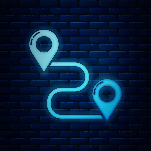 Leuchtendes neonfarbenes Ortssymbol isoliert auf Backsteinwand-Hintergrund. Kartenzeiger-Zeichen. Konzept von Weg oder Straße. GPS-Navigator. Vektorillustration — Stockvektor