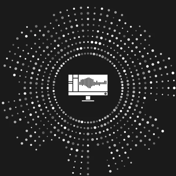 Blanc Enregistreur sonore ou audio ou logiciel d'édition sur l'icône de moniteur d'ordinateur isolé sur fond gris. Cercle abstrait points aléatoires. Illustration vectorielle — Image vectorielle