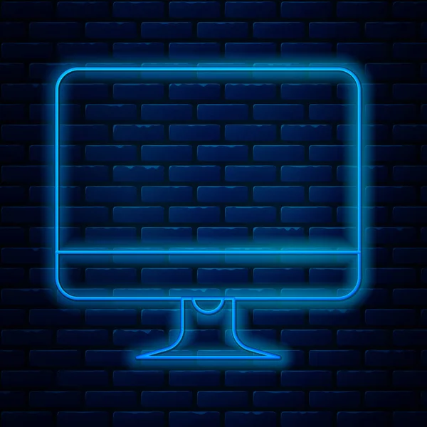 Glowing neon line Computer monitor screen icon isolated on brick wall background. Electronic device. Front view. Vector Illustration — Stock Vector