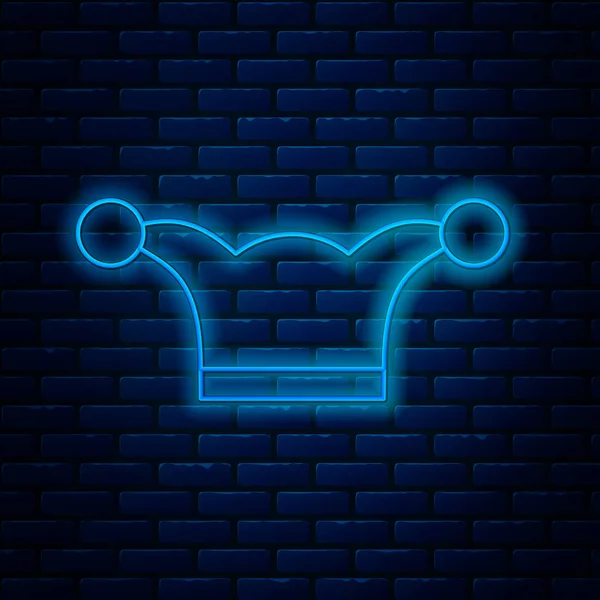 Glowing neon line Jester hat with bells isolated on brick wall background. Clown icon. Amusement park funnyman sign. Vector Illustration — 图库矢量图片