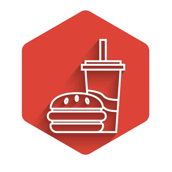 Línea blanca Vidrio de papel con paja para beber e icono de hamburguesa aislado con sombra larga. Signo de bebida de soda aqua. Hamburguesa, sándwich de hamburguesa con queso. Botón de hexágono rojo. Ilustración vectorial — Vector de stock