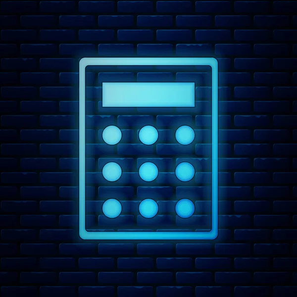 Ragyogó neon kalkulátor ikon elszigetelt téglafal háttér. Könyvelési szimbólum. Üzleti számítások matematika oktatás és pénzügy. Vektorillusztráció — Stock Vector