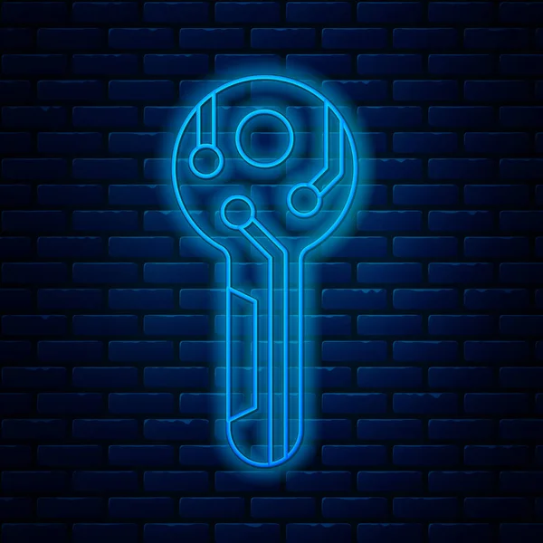 Glowing neon line Cryptocurrency key icon isolated on brick wall background. Concept of cyber security or private key, digital key with technology interface. Vector Illustration — 图库矢量图片