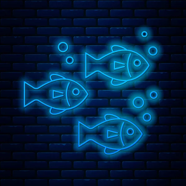 Linha de néon brilhante ícone de peixe isolado no fundo da parede de tijolo. Ilustração vetorial — Vetor de Stock