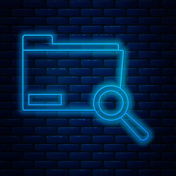 Glowing neon line Search concept with folder icon isolated on brick wall background. Magnifying glass and document. Data and information sign. Vector Illustration — Stock Vector