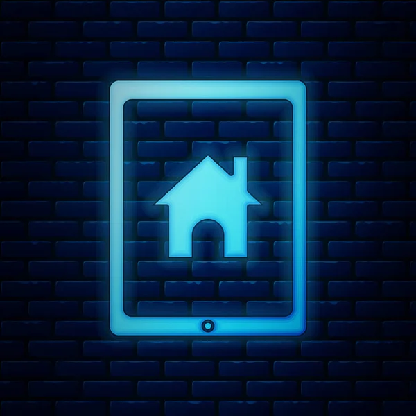 Leuchtende Neon-Tablet und Smart-Home-Symbol isoliert auf Ziegelwand Hintergrund. Fernbedienung. Vektorillustration — Stockvektor