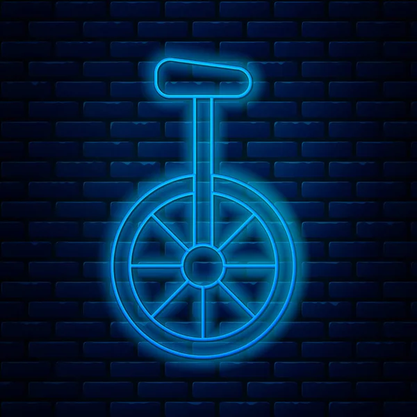 Línea de neón brillante Uniciclo o una rueda icono de la bicicleta aislado en el fondo de la pared de ladrillo. Bicicleta monomotor. Ilustración vectorial — Archivo Imágenes Vectoriales