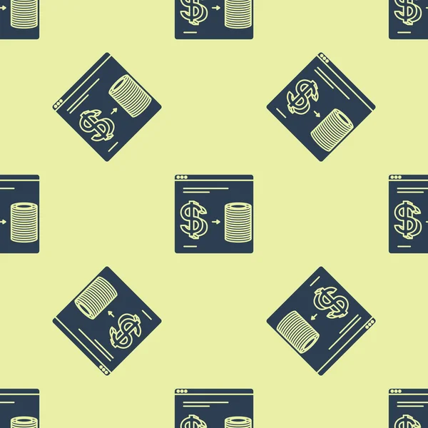 Blue Online casino čipy výměna na stohy dolarů ikony izolované bezešvé vzor na žlutém pozadí. Vektorová ilustrace — Stockový vektor