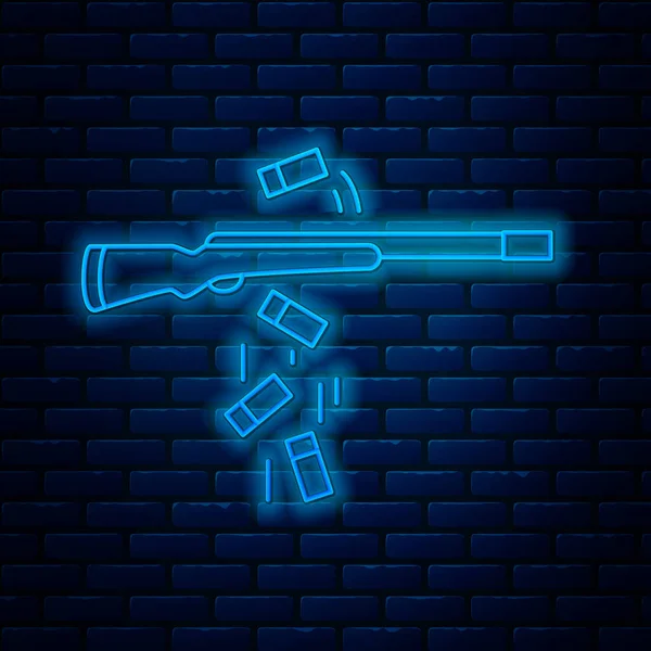 Glowing neon line Gun shooting icon isolated on brick wall background. Vector Illustration — Stock Vector