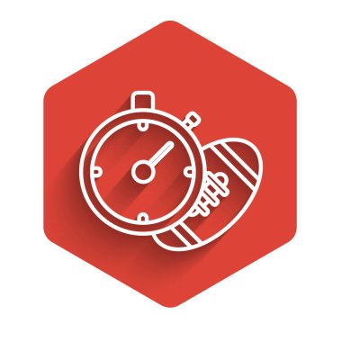 Beyaz çizgi Amerikan futbolu ve kronometre ikonu uzun gölgeli izole edilmiş. Spor malzemeleri seti. Kırmızı altıgen düğmesi. Vektör İllüstrasyonu