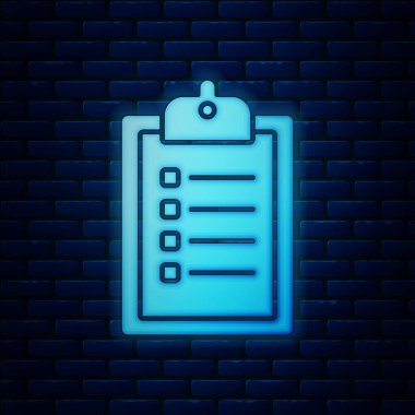 Dağıtım listesi simgesinin parlayan neon doğrulaması tuğla duvar arka planında izole edildi. Vektör İllüstrasyonu