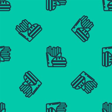 Mavi çizgi Burger ve patates kızartması karton kutu ikonunda izole edilmiş yeşil arka planda pürüzsüz desen. Hamburger, çizburger sandviçi. Fast food menüsü. Vektör İllüstrasyonu