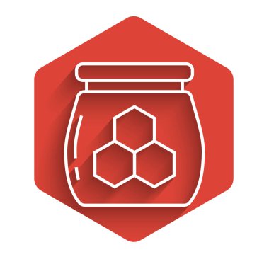 Beyaz çizgi kavanoz bal ikonu uzun gölgeli izole. Yiyecek bankası. Tatlı doğal gıda sembolü. Kırmızı altıgen düğmesi. Vektör İllüstrasyonu