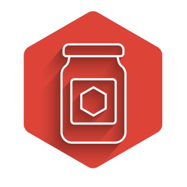 Beyaz çizgi kavanoz bal ikonu uzun gölgeli izole. Yiyecek bankası. Tatlı doğal gıda sembolü. Kırmızı altıgen düğmesi. Vektör İllüstrasyonu