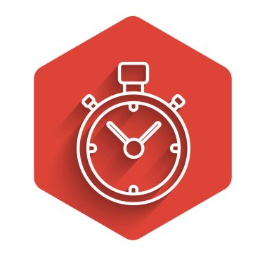 Beyaz çizgi Stopwatch simgesi uzun gölgeli izole edildi. Zaman göstergesi. Kronometre işareti. Kırmızı altıgen düğmesi. Vektör İllüstrasyonu