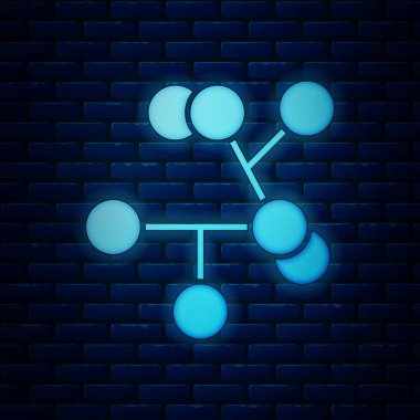 Parlayan neon molekül simgesi tuğla duvar arka planında izole edilmiş. Kimya moleküllerinin yapısı, fen öğretmenlerinin yenilikçi eğitim posteri. Vektör İllüstrasyonu