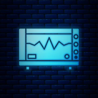 Duvarda kardiyogram simgesi izole edilmiş parlak neon bilgisayar monitörü. Simge denetleniyor. Kalp atışı elle çizilmiş EKG monitörü. Vektör İllüstrasyonu