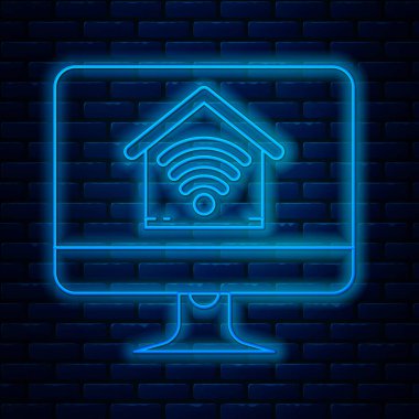 Duvarda kablosuz kablosuz ağ ikonu olan akıllı evi olan parlak neon hattı bilgisayar monitörü. Uzaktan kumanda. Vektör İllüstrasyonu