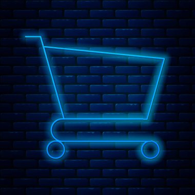 Parlayan neon hattı alışveriş arabası simgesi tuğla duvar arkasında izole edilmiş. İnternetten satın alma konsepti. Servis tabelası. Süpermarket sepeti sembolü. Vektör İllüstrasyonu