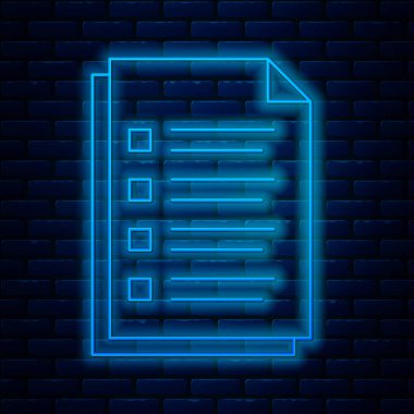 Parlayan neon hattı dosya simgesi tuğla duvar arka planında izole edildi. Kontrol listesi simgesi. İş konsepti. Vektör İllüstrasyonu