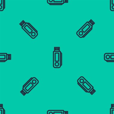 Mavi çizgi USB flash disk simgesi yeşil arkaplanda izole edilmiş pürüzsüz desen. Vektör İllüstrasyonu