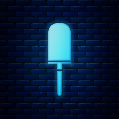 Parlayan Neon Bahçe mala Spade veya kürek simgesi tuğla duvar arka planda izole. Bahçe aracı. Bahçecilik, tarım, Tarım için araç. Vektör Illustration