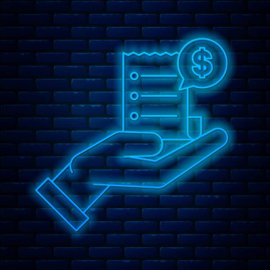 Parlayan neon hattı insan eli boş makbuzla ya da ödeme ikonu faturasıyla tuğla duvar arkasında izole edilmiş. Bankacılık ve iş operasyonları. Vektör İllüstrasyonu