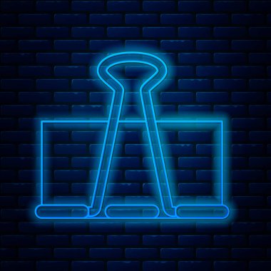 Parlayan neon hattı Binder klipsi simgesi tuğla duvar arka planında izole edildi. Ataç. Vektör İllüstrasyonu