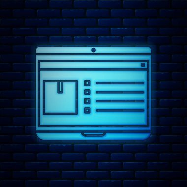 Parlayan neon dizüstü bilgisayar ve tuğla duvar arka planında izlenen uygulama dağıtım ikonu. Paket takibi. Vektör İllüstrasyonu